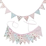 G2PLUS Floral Bunting banner, 10.8 Feet Vintage Cloth Shabby Chic Flag Garlands, 12PCS Double Sided Fabric Triangle Pennants for Vintage Themed Wedding Afternoon Tea Garden Party