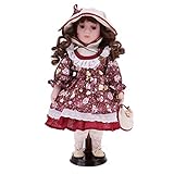 Fenteer 30cm Porcelain Doll Vintage Girl People Figure with Floral Dress Handbag Suit Collectible