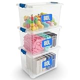 KAPCO Stackable Plastic Storage Boxes 3 x 80L with Clip Lock Lids | Large Clear Containers for Garage, Kitchen, Home, Loft & Office | Durable Modular Bins for Moving, Organising | BPA Free – 80 Litre