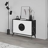 HOCUS PICUS Modern Console Sideboard 2 Door Cupboard Unit, 110(W) cm Sideboard Buffet Storage Cabinet Furniture with Metal Legs for Living Room, Dining Room (Gloss Black Marble Effect, White)