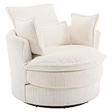 Karl home Swivel Accent Chair, Round Barrel Cuddle Tub Armchair Small Single Sofa with 360° Rotating Metal Base & 3 Pillows for Living Room, Bedroom, Lounge, Reading Room, White