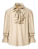 PARKLEES Men's Renaissance Pirate Ruffled Frilly Shirts Jabot Collar Victorian Medieval Costume Beige Large