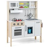 Maxmass Wooden Kids Play Kitchen, Toddler Role-play Cooking Playset with Ice Maker, Cookware Utensils, Cuttable Fruits, Range Hood, Realistic Sound, Children Pretend Kitchen for Boys Girls (White)