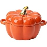 Ceramic Pumpkin Casserole Dish with Lid, Oven Safe Pumpkin Bowls with Handle, Dutch Oven Halloween Soup Pot Heat for Home Kitchen Egg Custard Halloween Decor Storage Jar for Home (Pumpkin color)