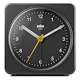 Braun Classic Analogue Alarm Clock with Snooze and Light, Quiet Quartz Sweeping Movement, Crescendo Beep Alarm in Black, model BC03B.