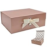 Tekhoho Rose Gold Large Gift Box 33.5x27x12.5 cm, Premium Present Box with Magnetic Lid and Ribbon for Holidays Wedding Birthday Gift Packaging, Plaid Lining