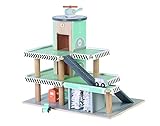 Children’s Wooden toy garage: Multi-storey car park, working 3 floor lift, elevator, petrol pump and car wash with 3 vehicles, car, ambulance and helicopter, kids toys, boys and girls, 2 year olds