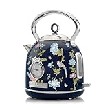 Laura Ashley Elveden Navy 1.7 Litre Stainless Steel Electric Kettle - 3KW Kettles Electric Fast Boil Quiet - Pyramid, Retro Kettle Cordless with 360 Degree Base, Overheating & Boil Dry Protection