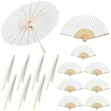 Hestya 8 White Paper Parasol 60 cm and 8 Wedding Fan Vintage Oiled Paper Japanese Umbrellas Bamboo Folding Hand Held Fan for Wedding Bridal Gift Party Favor Wall Church DIY Painting Decorative