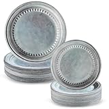 Jingmore 96 Pcs Medieval Party Supplies Disposable Pewter Paper Plates Dinner Round Tableware Vintage Silver Grey Plates Disposable for Pirate Halloween Party Supplies 9" and 7''