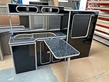 Assembled Ford Transit Custom Vivaro Trafic Vito SWB Furniture Camper Van Units All Black Gloss with Grey Trim & Black Sparkle Worktop