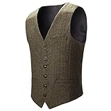 BOTVELA Men's Slim Fit Herringbone Tweed Waistcoat Full Back Wool Blend Suit Vest (Khaki, XX-Large)