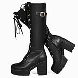 Voviggiw Women Fashion Platform Knee High Lace Up Chunky Heel Boots with Buckle Side Zipper Biker Boots - Black Size 39
