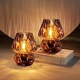 ONEWISH Mushroom Lamps, Bedside Table Lamp Set, Vintage Glass for Bedroom & Living Room, Murano Style, Black