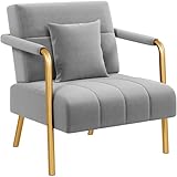 Yaheetech 1 Seater Modern Sofa Velvet Accent Armchair with Gold-tone Metal Arms and Legs for Bedroom, Home Office, Studio, Living Room Furniture Light Gray