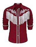 TURETRENDY Men's Western Cowboy Fringe Shirts Halloween Costume Embroidered Long Sleeve Slim Fit Button Down Shirts, Red, S