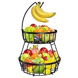 OrderlyGo Thicken Fruit Bowl Basket with Banana Hanger - Durable Detachable Kitchen Countertop Organizer for Fruits, Vegetables, Snacks, Metal Wire Countertop Storage Basket for Kitchen (Black)