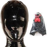 SecondSkin Black Latex Hood with Inner Red Mouth Teeth Gag and Nose Nasal Tubes Back Zipper Rubber Mask Club Wear 0.4-1.0mm Thick (X-Large, Black 0.6mm Thick)