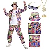 HarnyLoom 80s 90s Costume Men Women, Retro Fancy Dress Disco Adults Outfit Shell Suit Rave Tracksuit Jacket Glassess Hat Carnival Halloween Party Cosplay (Red-90s, 2XL)