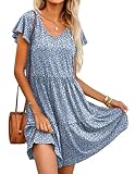 HOTOUCH Womens Dresses Summer Casual Short Sleeve V Neck Dress for Women Ladies Ruffle Tiered Dress with Pockets Flower Blue M