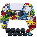 YoRHa Water Transfer Printing Silicone Thickened Cover Skin Case for PS5 Dualsense Controller x 1(Comic Skulls) with Thumb Grips x 10