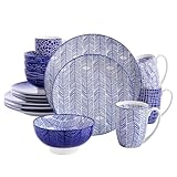 vancasso Takaki 16 Pieces Porcelain Dinner Set for 4, Japanese Style Crockery Blue Dinnerware Tableware, 16 Pieces Dinner Service with Dinner Plates, Dessert Plates, Cereal Bowls, Soup Bowl and Mug