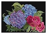 Thea Gouverneur - Counted Cross Stitch Kit - Hydrangea & Rose - Aida Black - 18 Count - Embroidery Kit for Adults - DMC Embroidery Threads and Other Cross Stitch Supplies Included - 442.05