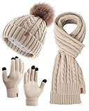 FURTALK Hat Scarf and Touchscreen Gloves Set for Women 3 in 1 Ladies Winter Beanie with Pom Pom Warm Fleece Lined, Khaki
