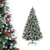 Snowy Christmas Tree 7.5FT with Pine Cones & Red Berries, Flocked Xmas Tree with Full Realistic Branches, Hinged Design and Sturdy Metal Stand for Indoor Decoration 2.1m