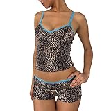 Betrodi Women 2 Piece Pajamas Shorts Outfits Y2k Sleeveless Crop Cami Top Low Waist Shorts Bodycon Lounge Set Sleepwear(Leopard,S)