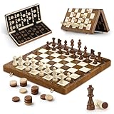 Chess Set and Checkers 16''x16'' - Wooden Magnetic Chess Board with 2 Extra Queen & Storage Slots, Folding Travel Chess Set, Educational Board Game Gift for Adults & Kids