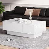 BTM Coffee Table for Living Room, High Gloss Coffee Table with 2 Drawers and 2 Big Storage Space, White Side Table Wooden Centre Table for Home Office, 100 * 55 * 35 cm