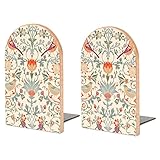 Wood Book End William Morris Vintage Flowers Birds Book Shelf Holder Non-Slip Wooden Bookends Stand for Shelves Home Office Library Study