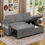 Luxstein Corner Sofa Bed, L-Shaped Sleeper Sectional Couch Bed, 3-in-1 Corduroy Convertible Pull Out Sofa Bed with Adjustable Backrest, Storage, USB and Cup Holder for Living Room, Grey