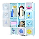 COSTWAY 8/12 Cube Children Clothes Closet, Cartoon Modular Wardrobe with Hanging Sections, Kids Storage Unit for Children Room, Nursery, Bedroom