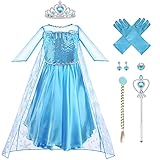 Vicloon Elsa Dress, 5PCS Elsa Princess Costume, Elsa Costume Dress with Fairy Crown Wand Gloves and Tiara, Fancy Blue Dress with Elsa Dress Up Accessories Set for Cosplay, Girls Party (4-5 years)