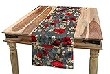 ABAKUHAUS Poppy Table Runner, Modern Floral Garden, Dining Room Kitchen Rectangular Runner, 16 W X 72 L Inches, Grey Red Beige