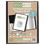 eco-eco A3 Size 50% Recycled 40 Pocket Black Presentation Display Book, Storage Case Portfolio Art Folder with Plastic Sleeves