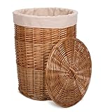 Natural Finish Round Laundry Wicker Basket Cotton Liner with Lid Bathroom Storage (Brown, Medium)