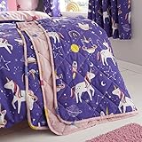 Happy Linen Company Girls Kids Space Unicorn Purple 150 X 200 cm Reversible Quilted Throwover
