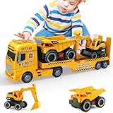 Mostop Large Flatbed Semi Truck Toy for Kids, 25.6'' Construction Carrier Semi Truck with Excavator and Dump Trucks, Friction Powered Flatbed Semi Kids Toy with Light & Sound