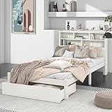 Merax Single bed with Storage, 3FT Wooden Storage Bed With Under Drawer and Shelves, White Bed Frame for Adults, Kids, Teenagers, 90 x 190cm