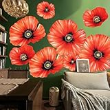Runtoo Large Flower Wall Art Decals 3D Boho Fabric Red Poppy Floral Wall Mural Stickers for Girls Bedroom Living Room Office Wall Backdrop Decor