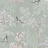 World of Wallpaper Japanese Garden Inspired Oriental Asian Themed Wallpaper for Living Room and Bedroom Cherry Blossom Trees and Oriental Birds - Sage Green 946102