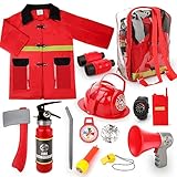 deAO Kids Fireman Costume Set with 13 Firefighter Toy Accessories, Firefighter Role Play Dress Up Outfit for Boys & Girls 3+ Years, Halloween Fancy Dress & Pretend Play Toys for Toddlers
