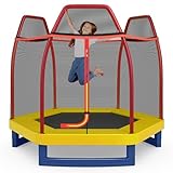 COSTWAY 7ft Kids Trampoline, Heavy Duty Hexagonal Trampolines with Safety Enclosure Net, Seamless Spring Pad and Zipper, Indoor Outdoor Jumping Trampolines for Toddles (Yellow+Orange)