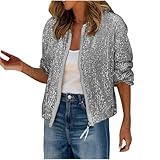 TURWXGSO Sequin Jacket for Women UK Sparkly Sequin Bomber Coat Long Sleeve Front Zip Up Cardigan Ladies Glitter Tops Disco Biker Shiny Party Club Metallic Festival Outfit Going Out