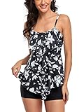 FLYILY Women 2 Piece Tankini Swimsuits Flounce Printed Top with Boyshorts Plus Size Swimwear Bathing Suit (BlackLeaf, XXL)