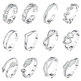 12 Pcs Adjustable Open Rings Set for Women Birthday Back to School Gifts Stackable Open Finger Joint Thumb Ring Heart Flower Arrow Silver Toe Ring Jewelry Friendship Gifts for Mom Ladies Girls