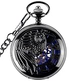 Infinite U Eagle/Angel/Phenix Blue Roman Numerals Dial Mechanical Pocket Watch Skeleton Steel Pendant Necklace Black